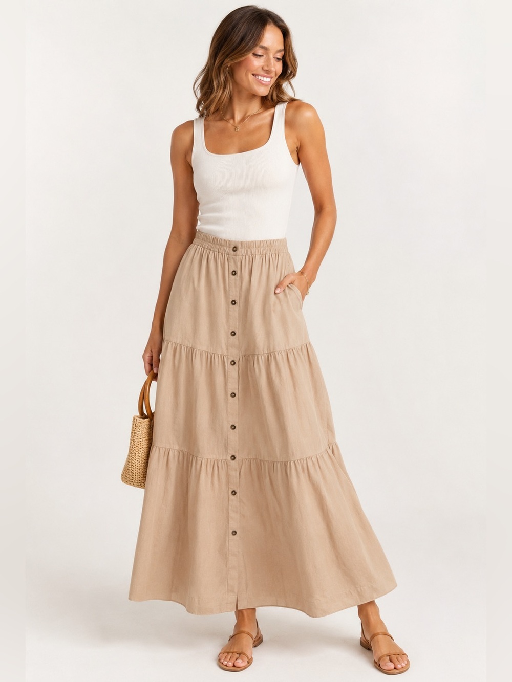 ASOS cotton tiered maxi skirt Size 6 beige neutral stretch waist Cottagecore